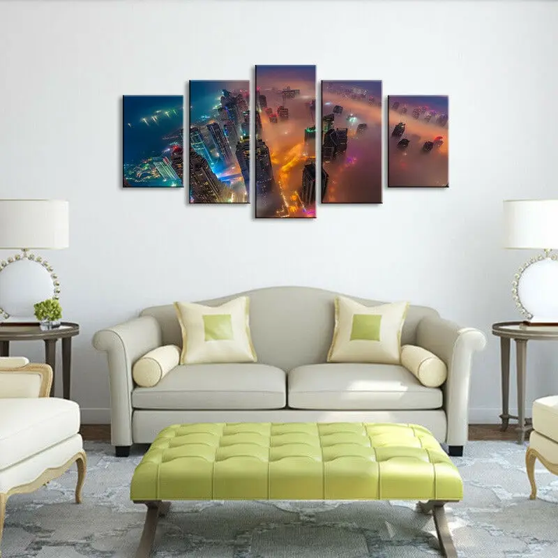 

Aerial View Of City Skyline At Twilight 5 Panel Canvas Print Wall Art Home Decor HD Print Pictures Poster No Framed 5 Piece