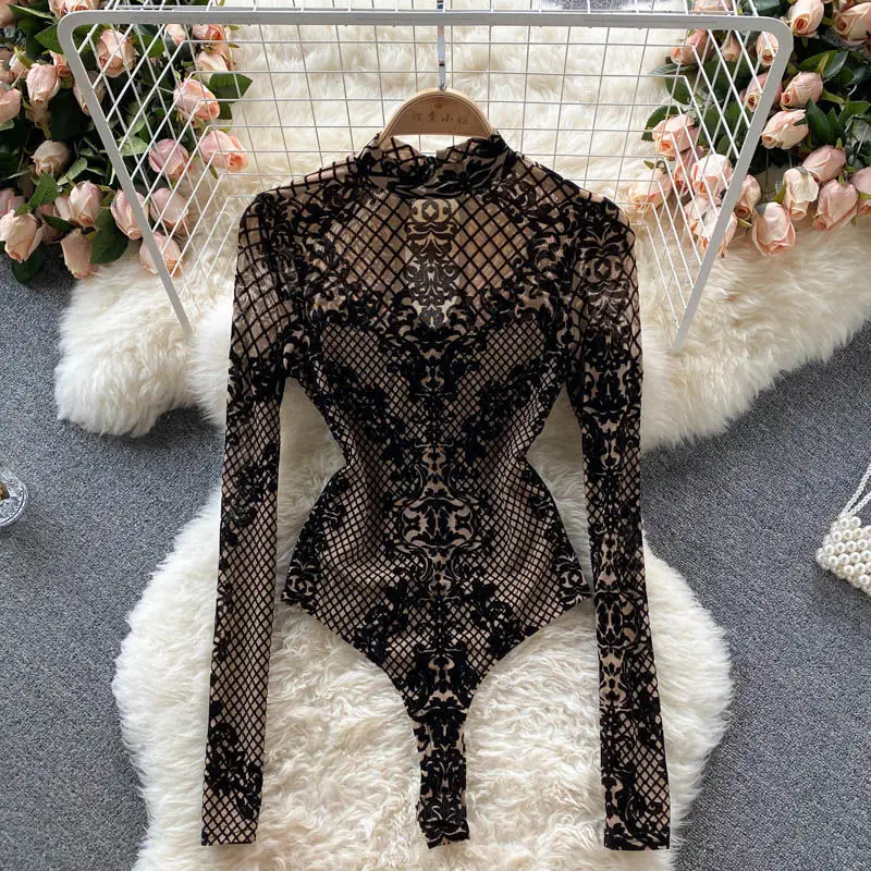 

Lace Vintage Palace Black Bodysuit Gothic Sexy Bodycon High Waist Bodysuit Women Aesthetic See Through Short Sleeve Jumpsuits