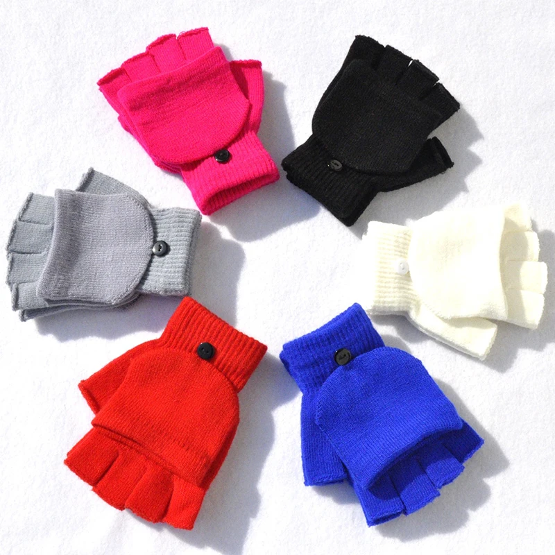 

Unsiex Couple Wool Knitted Fingerless Gloves Outdoor Sports Warm Non-slip Flip Cover Half-fingers Gloves Solid Color 1 Pairs