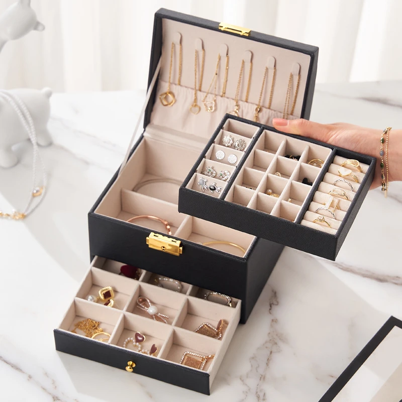 Ailodo Jewelry Box Organizer For Women PU Leather Multilayer Necklace Earrings Rings Bracelets Jewelry Organizer Christmas Gift