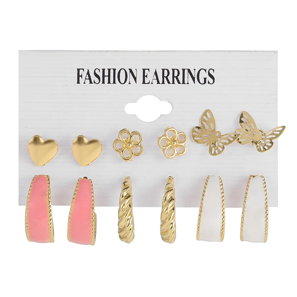 

6 Pairs New pink Earring Set 6-Piece Set C-shaped Hollow Butterfly Dangle Earrings for Women Girls Jewelry for Birthday/Valentin