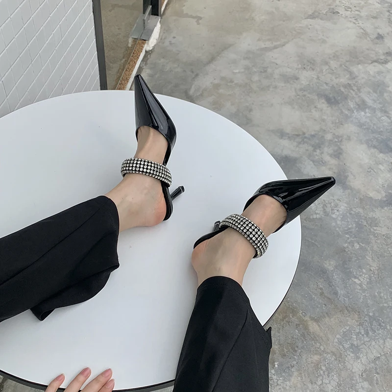 

Patent Leather Women Slippers Black Summer Beach Shoes Woman Thin High Heels Party Pumps Casual Rhinestone Design Solid Color 39
