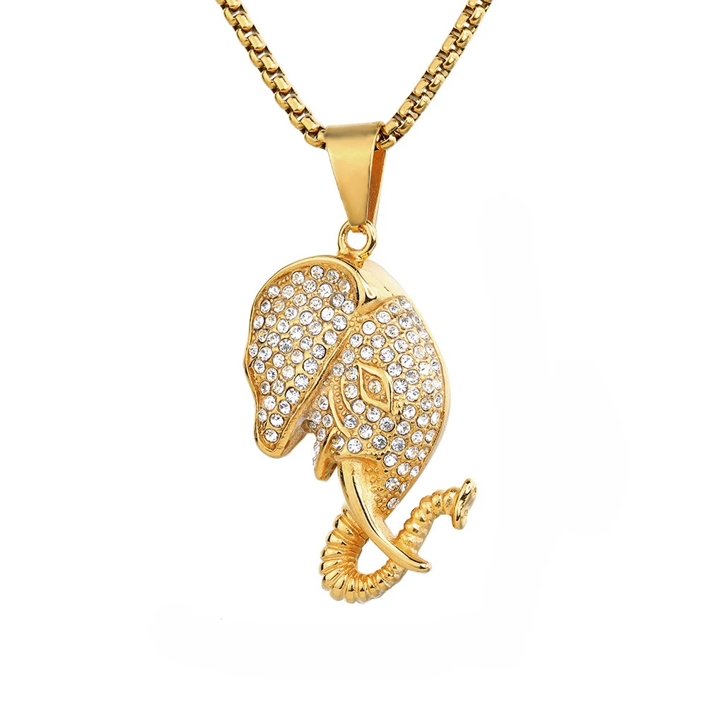 

Hip Hop Iced Out Bling Elephant Head Pendant Statement Gold Color Stainless Steel Animal Necklace For Men Women Jewelry Gift