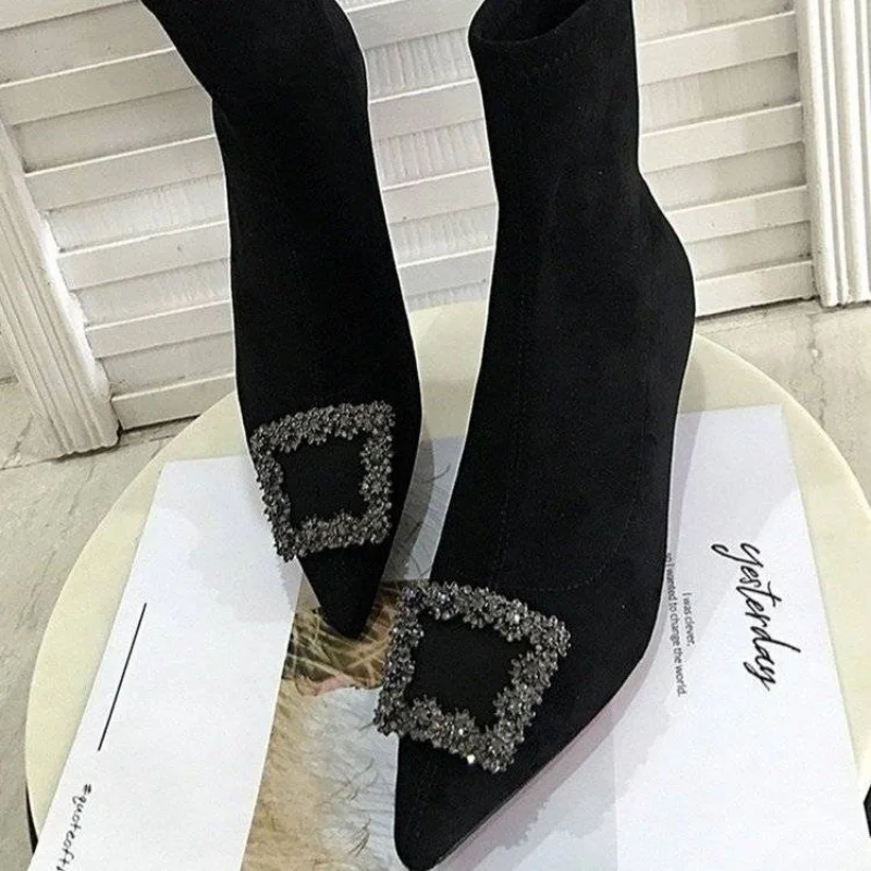 French Rhineau Ankle Boots Women's Boots Pointed High Heels Sexy Black Women's Shoes Banquet Shoes 2023 New