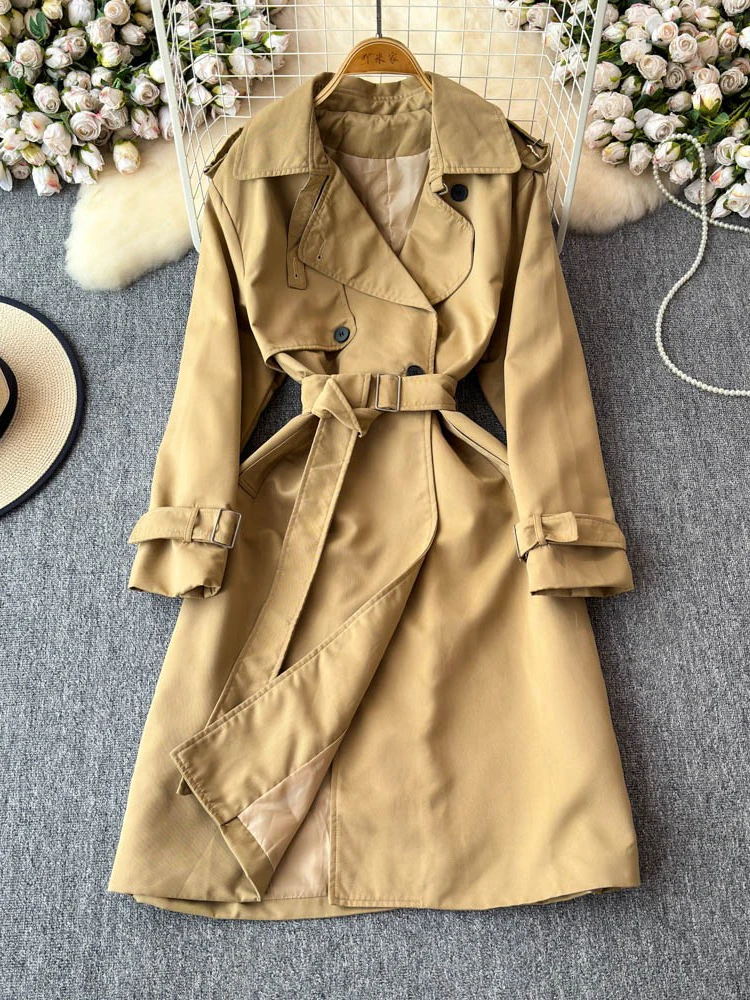 EWQ корейский стиль женский двубортный плащ с лацканами однотонное пальто средней