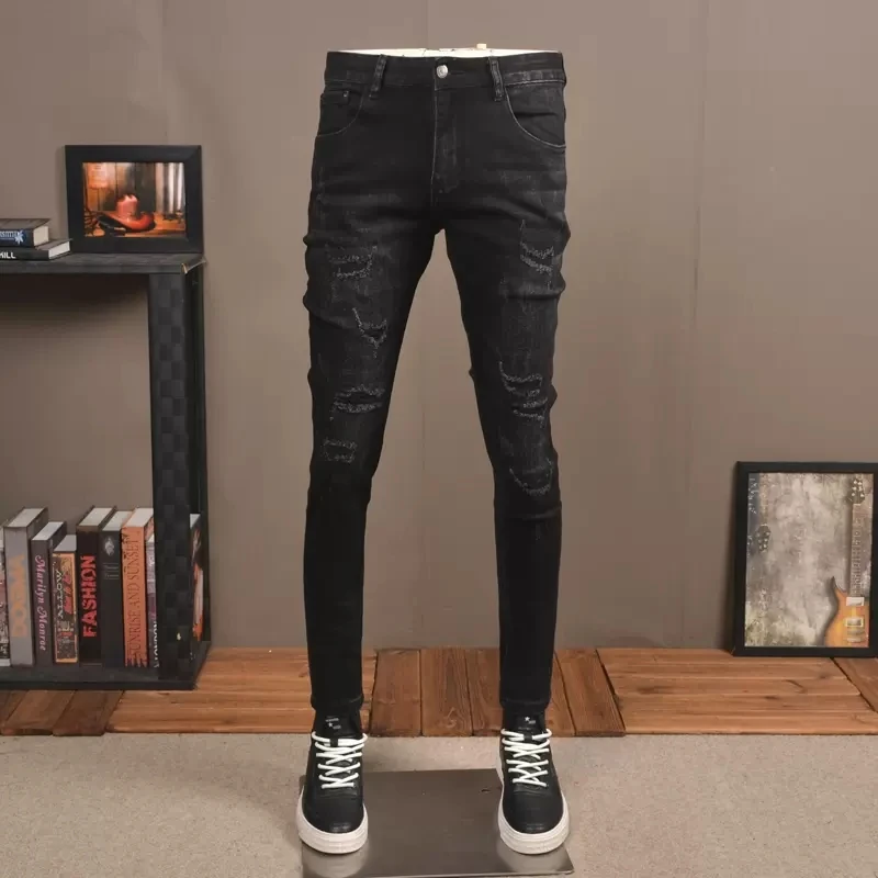 Autumn Men Black Ripped Jeans Korean Style Fashion Slim Fit Denim Pants CP2028