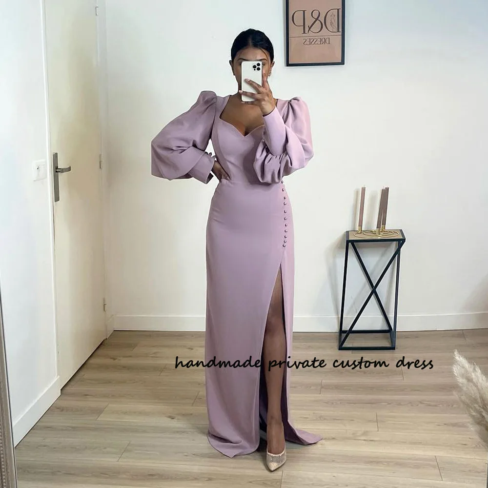 

Lavender Mermaid Evening Dresses Long Sleeve Split Satin Saudi Arabic Celebrate Banquet Dress Elegant Dubai Formal Prom Gowns
