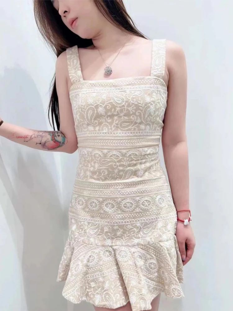 

2023 Summer New Lace Exquisite Embroidery Retro Suspender Mini Dress Women