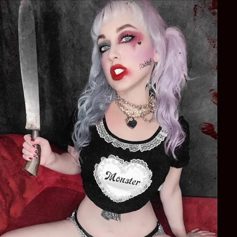 

Goth Lace Trim Center Gothic Cute T-Shirts Women Black Grunge Bodyocn Cropped Tops e-girl Aesthetic Harajuku Fashion Child Tees