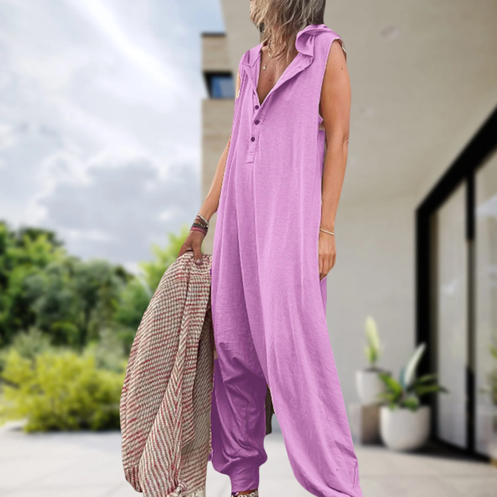 

Ladies Baggy Pants Rompers Loose Women Overalls Jumpsuits Sleeveless Button Down Solid Color Holidays Vacation Outfit