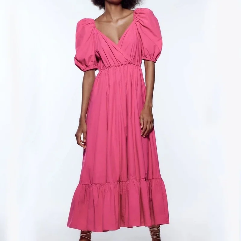 

Женское модельное дизайнерское платье, плиссированные длинные платья розового цвета с V-образным вырезом и пышными рукавами, повседневные ...