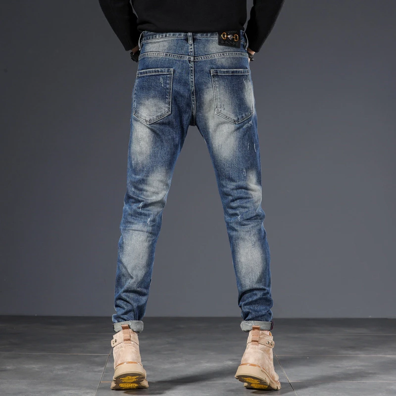 EH · MD Patch Stitched Jeans Men's Breathable Mesh Cloth Inner Lining Scraped Holes Pants Embroidered Soft Elastic Cat Claw Mark