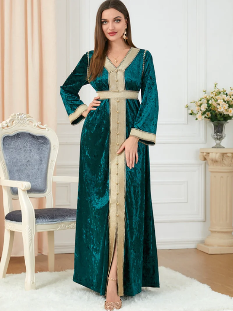 Dubai Women's Long Dress Velvet Tape Trim V-Neck Belted Kaftan Abaya Saudi Arabia Ladies Dresses Autumn Muslim Women Clothing
