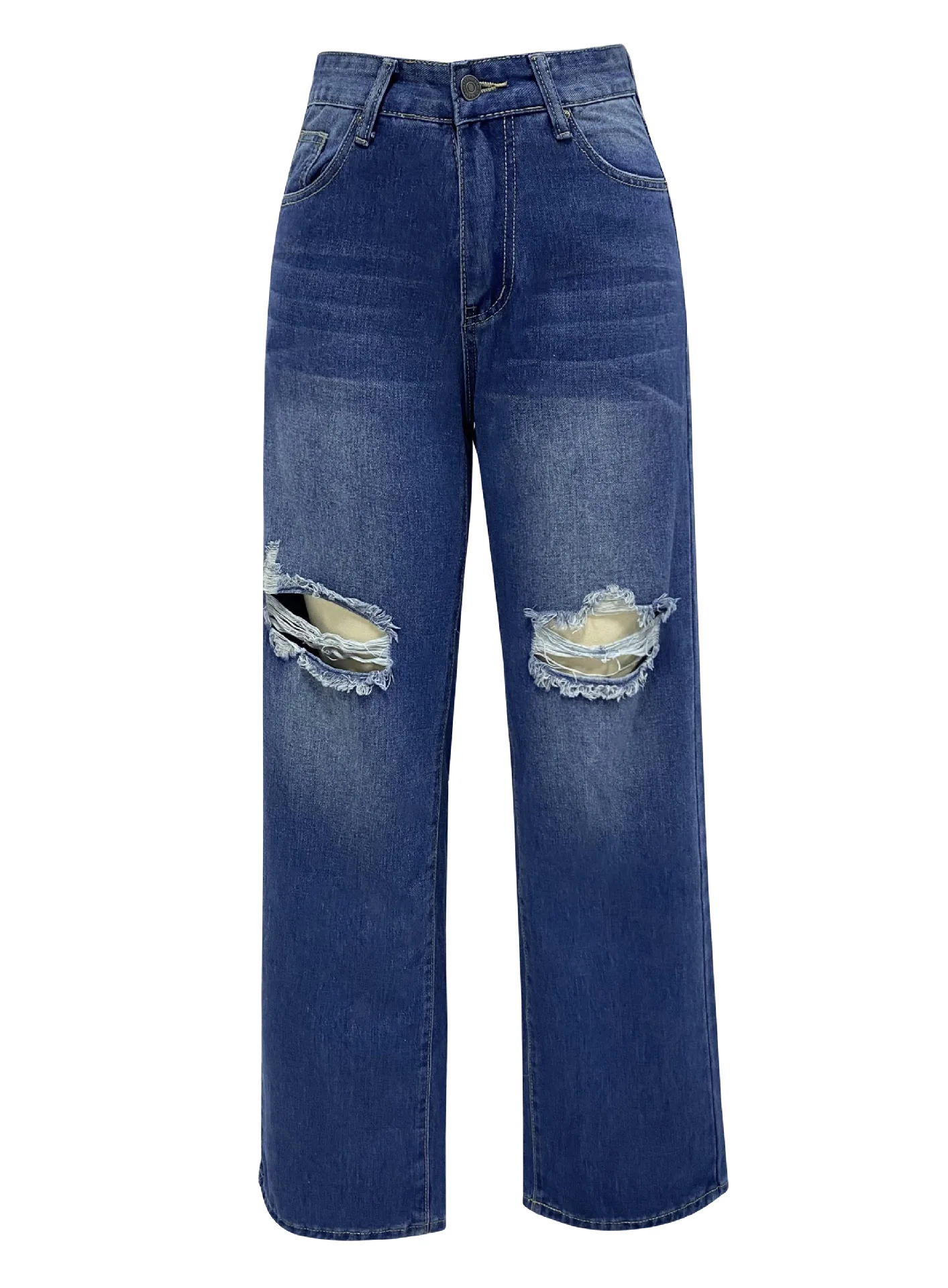 

Stock 2023 Europe and The United States Women's Loose Hole Jeans Washed Wide Leg Straight Pants Dark Blue Mopping Pants