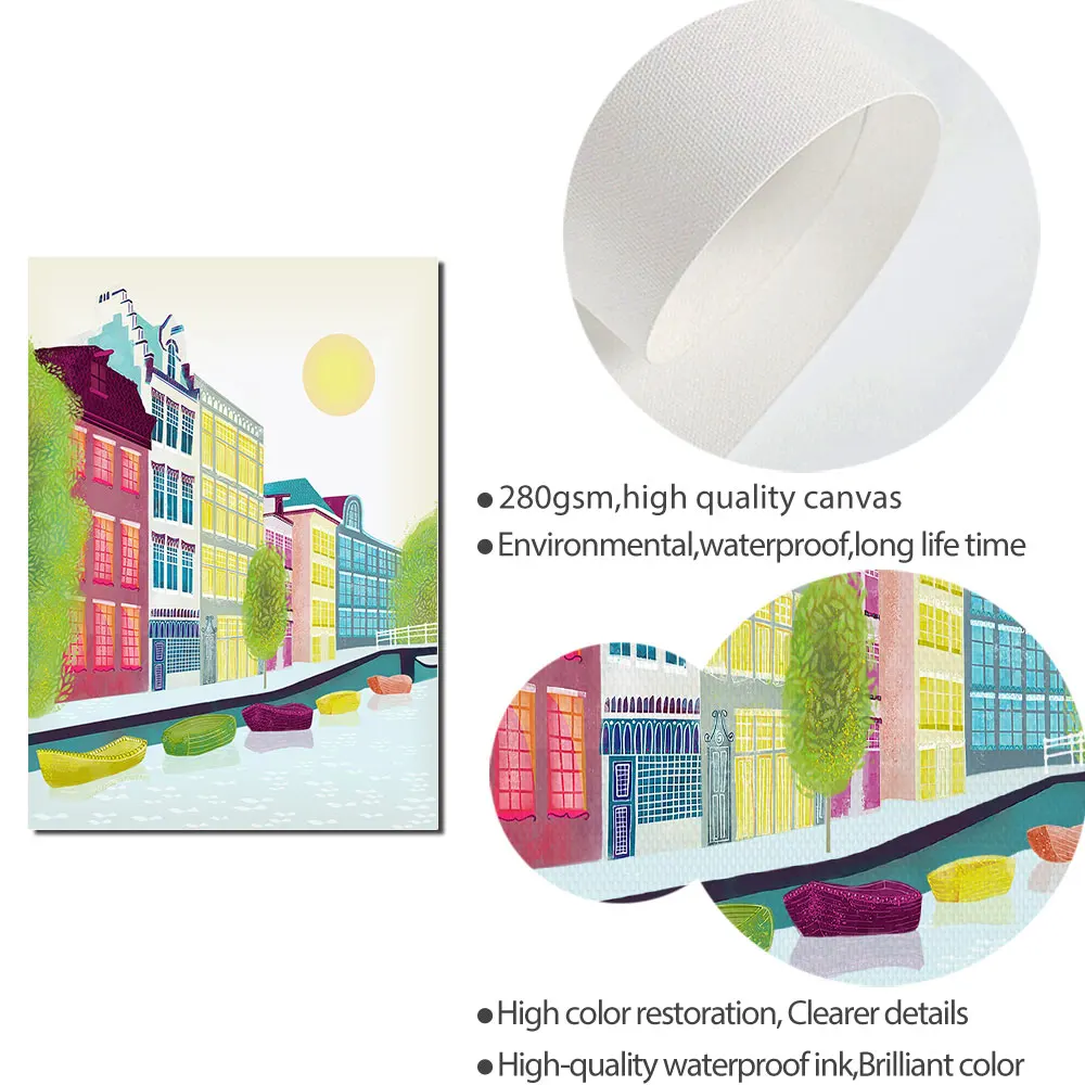 Красочный городской пейзаж плакат внутренняя река лодка искусство печатная