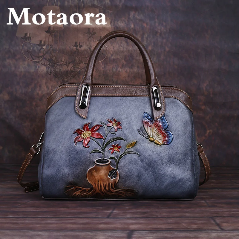 

Vintage Women Bag Genuine Leather Retro Handbag For Women Handmade Embossed Shoulder Bags China Style Boston Bags Female