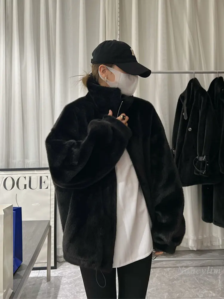 2022 Autumn and Winter New Artificial Mink Fur Coat Women Mid-Length Thickened Warm Overcoat Lamb Fur Jacket Students Streetwear
