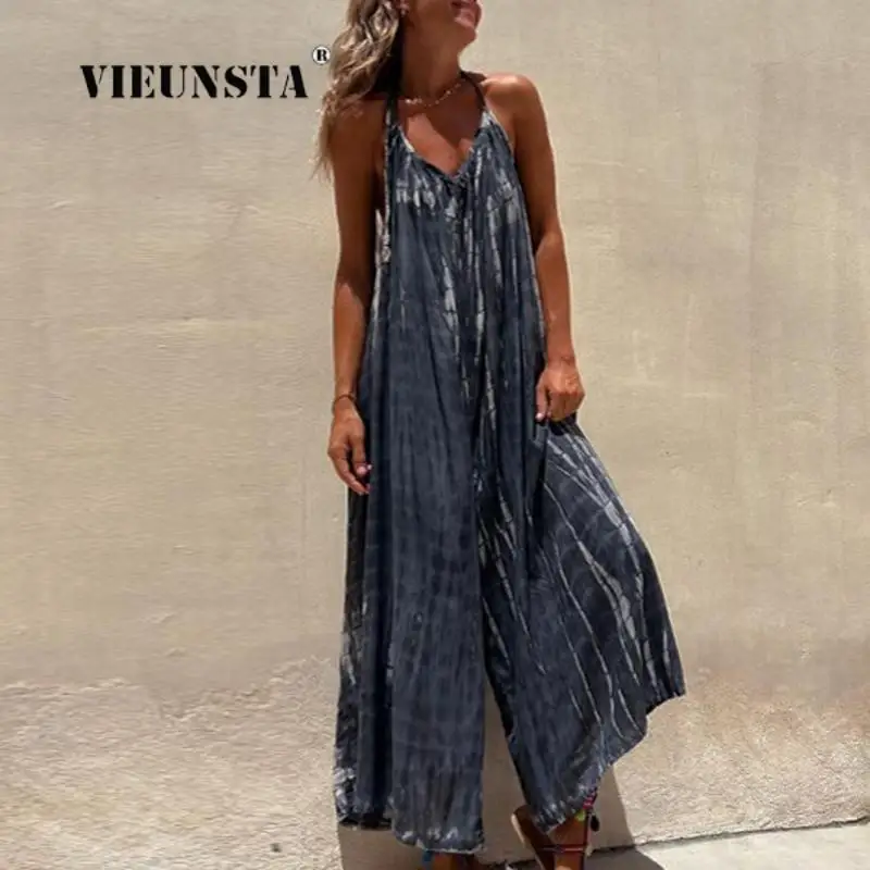 

Summer Vacation Sexy Low Waist Backless Romper Casual Overalls Halter Wide Leg Pants Women Sleeveless Print Beach Boho Jumpsuit