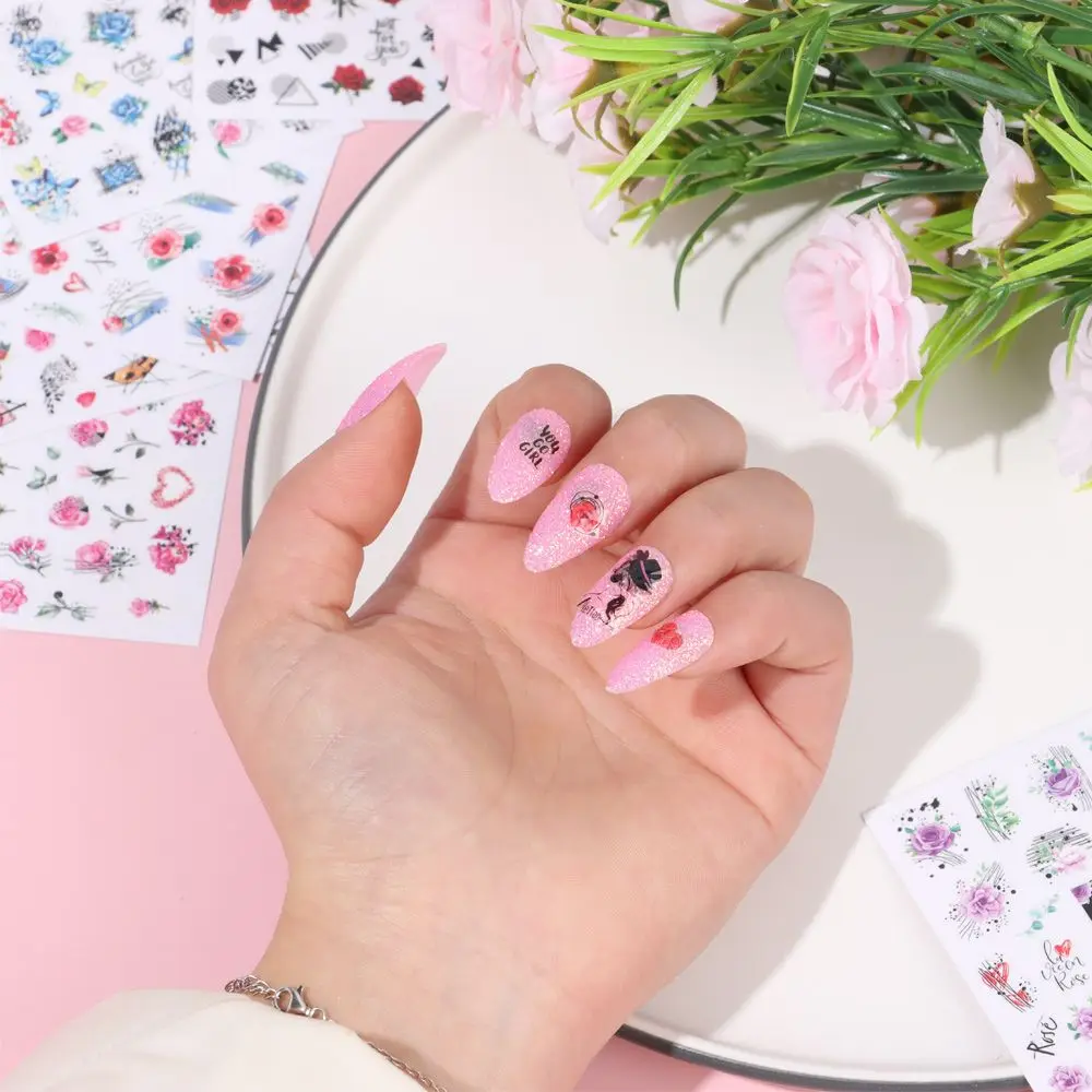 

Adhesive Rose Flowers Letter Line Manicure 3D Stickers Nail Sticker Nail Art Decoration Shining Decals