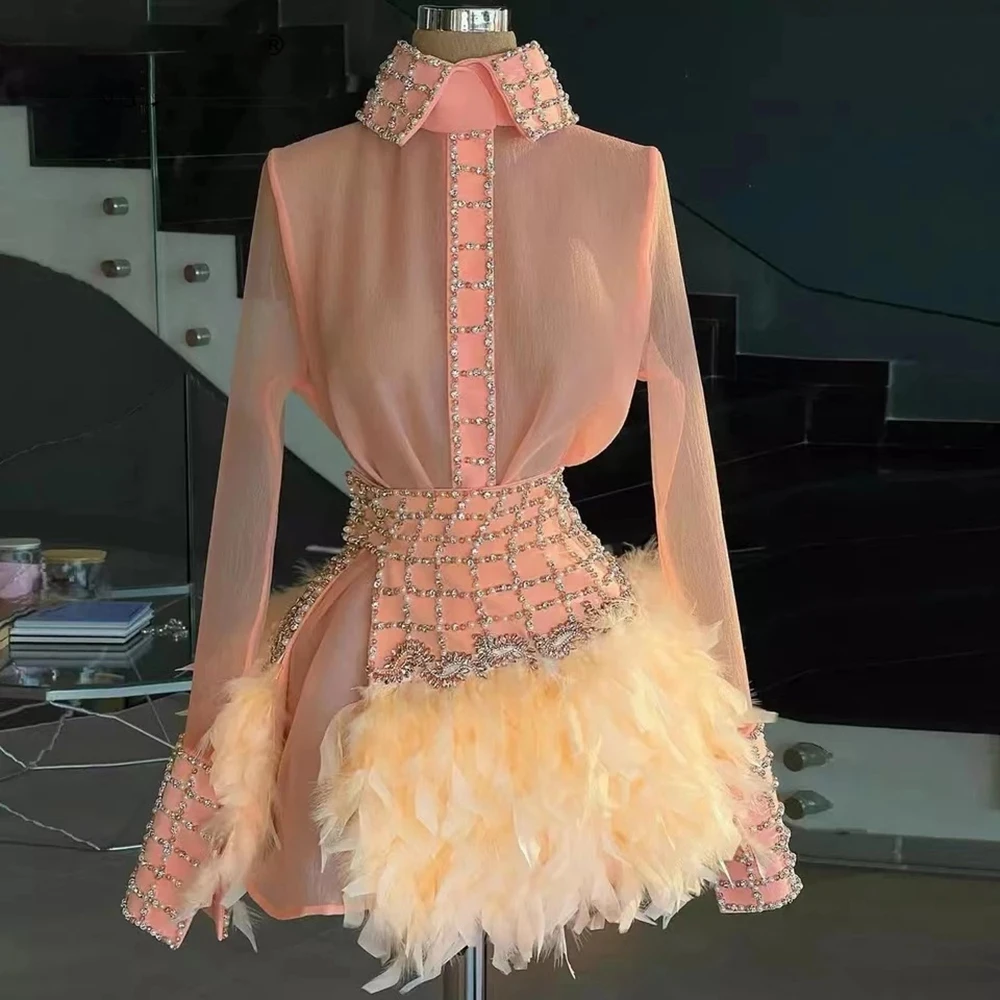 

Saudi Arabia Cocktail Dress Party Gowns Organza Long Sleeve Beading Prom Dresses Blouse Feather Short Skirt Evening Dress 2022