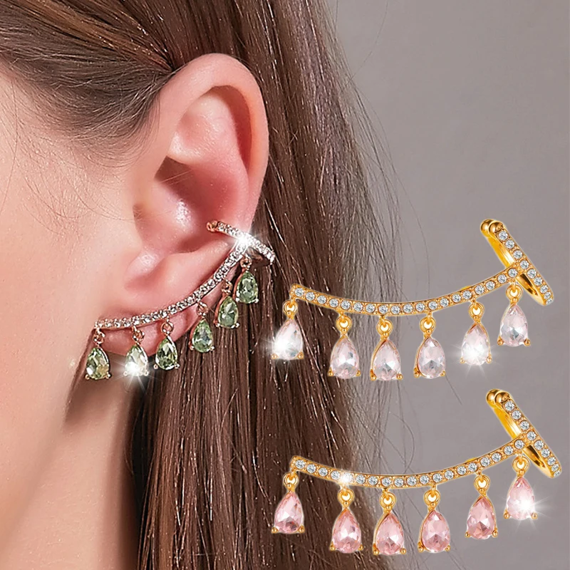 

Fashion Crystal Waterdrop Stud Earrings Creative 2 in 1 Ear Hoop Tassel Dangle Earring Ear Clip Women Romantic Designer Jewelry