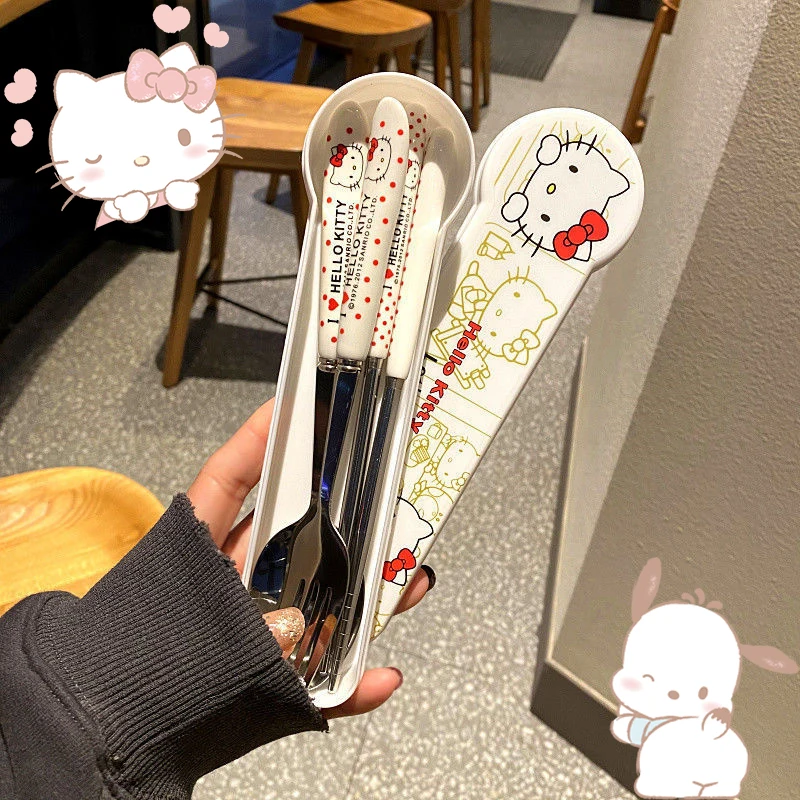 

Кавайная вилка Hello Kitty, палочки для еды, набор ложек, аниме, металлическая портативная дорожная посуда Sanrio, милый подарок для лучшего друга