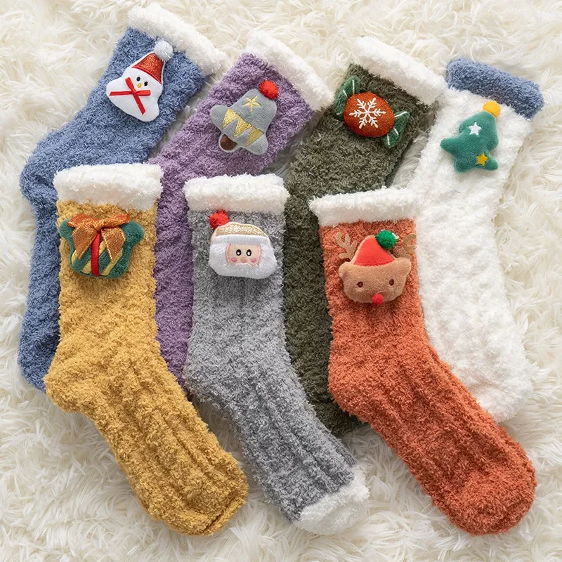 Fleece Women Socks Christmas Elk Bear Candy Gift Winter Thickening Cute Mid-tube Sock Ladies Home Bed Floor Slipper Sox