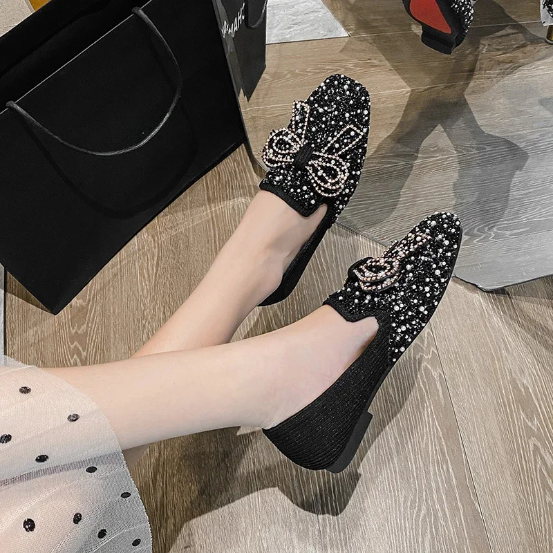 

2024 Woman Pearl Beading Breathable Ballet Flats Beauty Bow Buckle Moccasins Shoe for Women Big Size 43 Crystal Bow Flat Shoes