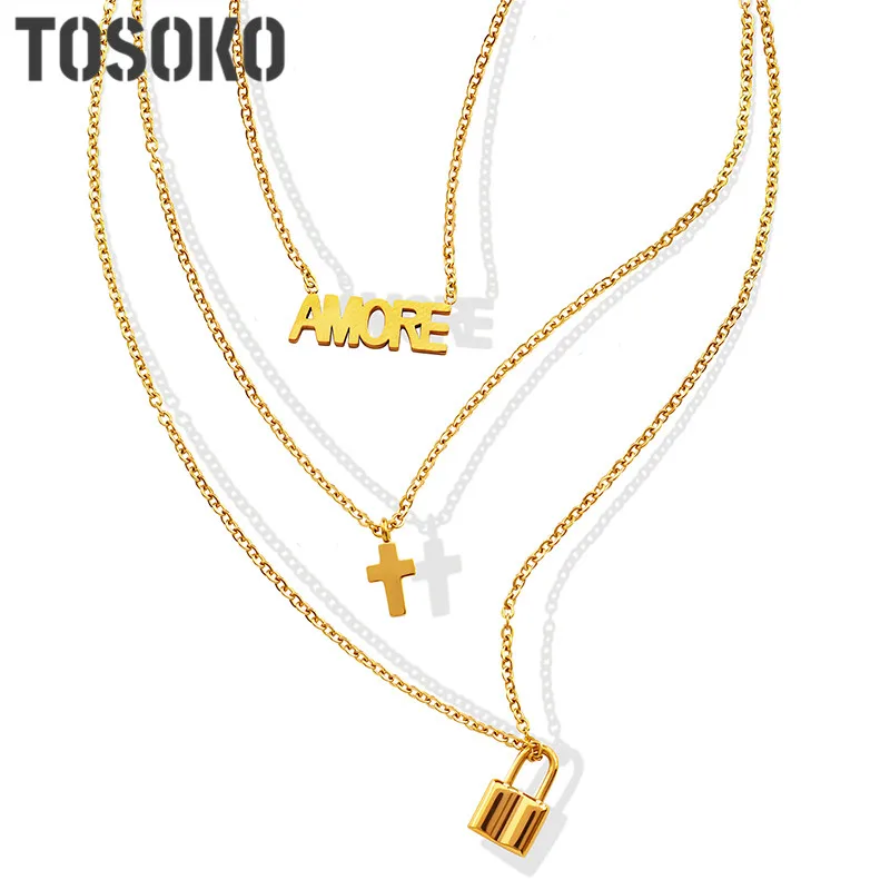 

TOSOKO Stainless Steel Jewelry Three Layer Necklace Cross Letter Pendant Female Fashion Clavicle Chain BSP664