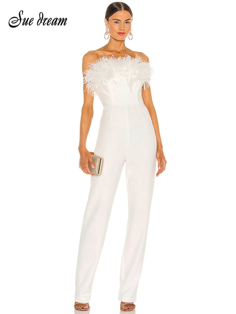 2021 New Spring Fashion Women White Feathers Jumpsuits Sexy Strapless Full Pants Club Party Wear Elegant Rompers Jumpsuits