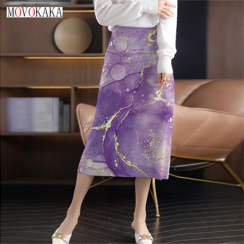 

MOVOKAKA Vintage Midi Skirts Slim Wrap Hip With Side Slit Elegant Women Skirt Hight Waist Fashion Printing Skirts Autumn Winter