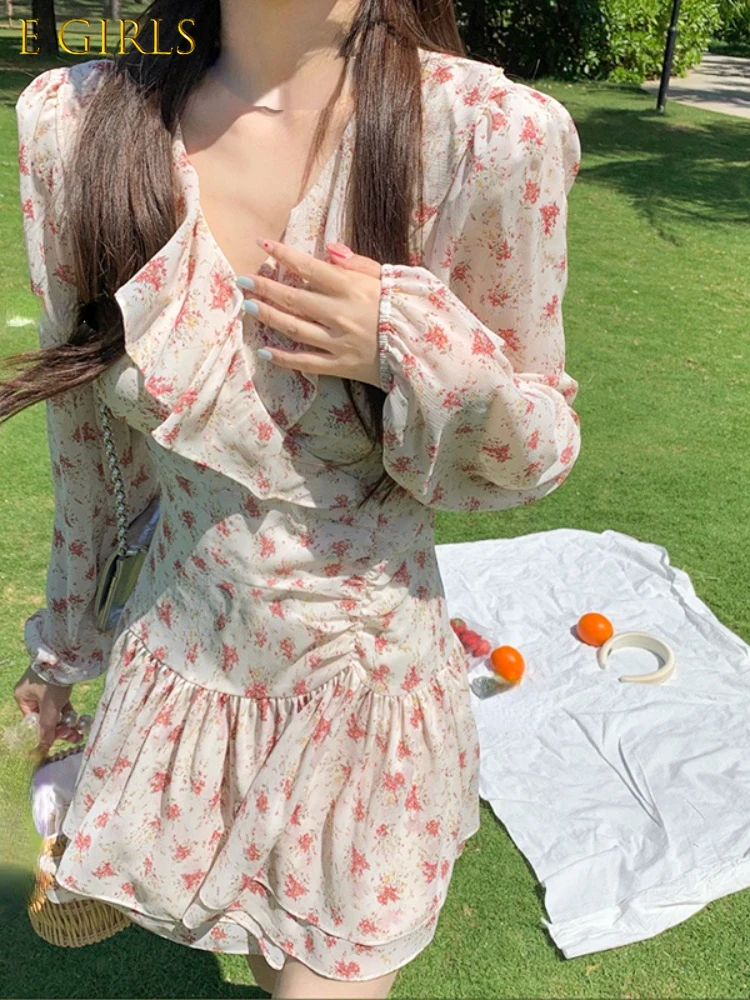 

E GIRLS 2022 Summer Beach Pink Floral Dress Women Elegant One Piece Dress Korea Casual Y2k Mini Dress Party Female Kawaii Chic