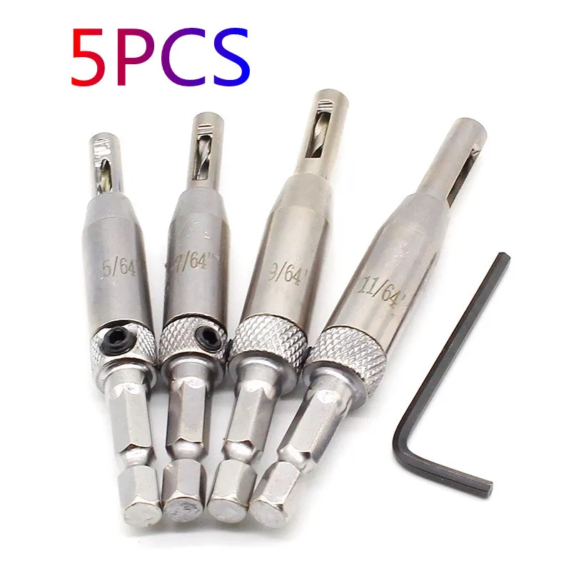 5pcs HSS Self Centering Hinge Drill Bits Set Door Cabinet 5/64