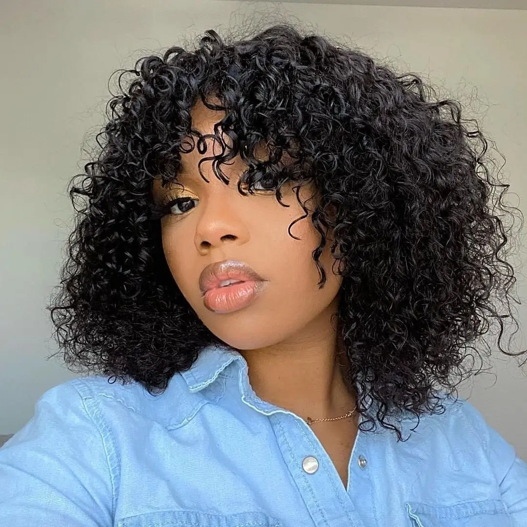 

Water Wave Human Hair Wigs With Bangs Wavy Curly Human Hair Wig Brazilian Pixie Cut Short Bob Full Machine Made Wigs For Women