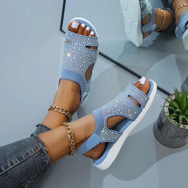

2022 New Summer Women Sandals fashion Stretch weave Rhinestone Casual Woman Flats Ladies Beach Shoe Big size 35-43