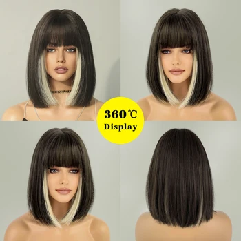 Short Straight Synthetic Wigs for Women Black With Blonde Bob Wigs with Bangs Daily Cosplay For Party Heat Resistant Lolita Hair 3