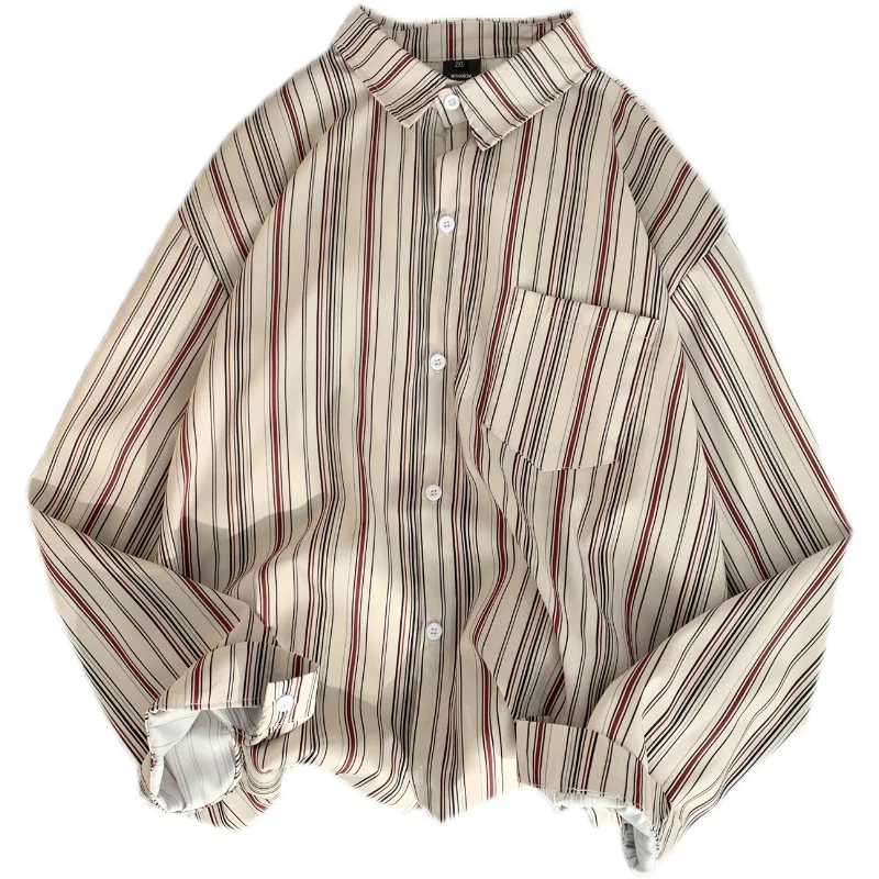 Autumn Long Sleeve Shirts Men Fashion Oversized Casual Shirts Men Korean Loose Striped Shirts Mens Ice Silk Shirts M-2XL