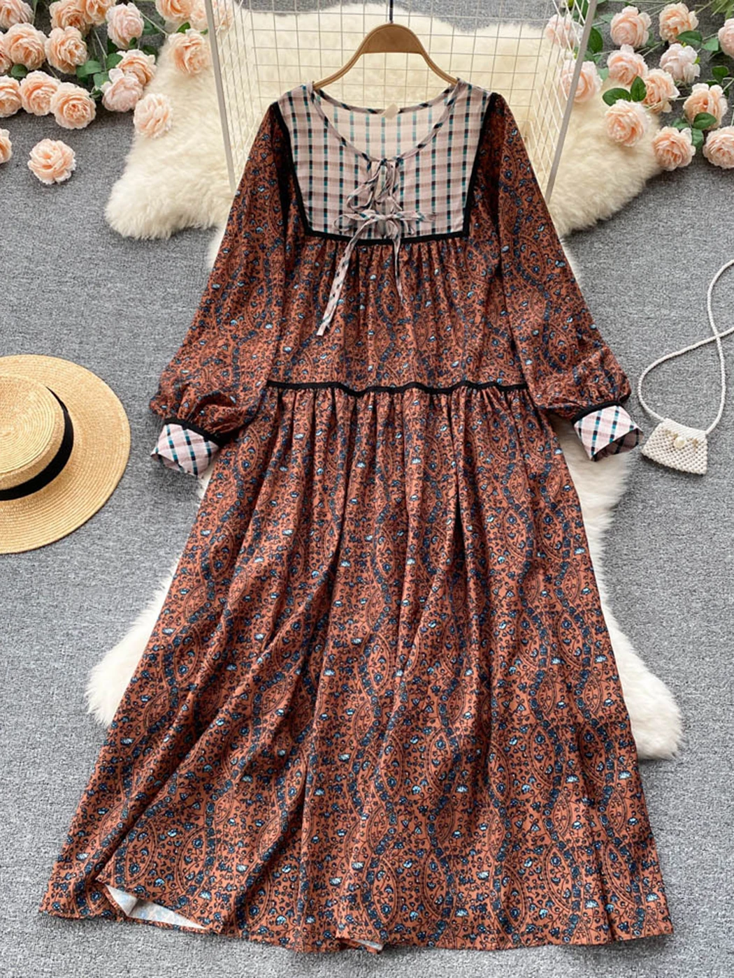 

Jastie Retro Chic Print Midi Dress Women Spring Lace-up O Neck Lantern Sleeve Loose Vestidos Boho Vocation Beach Dresses Female