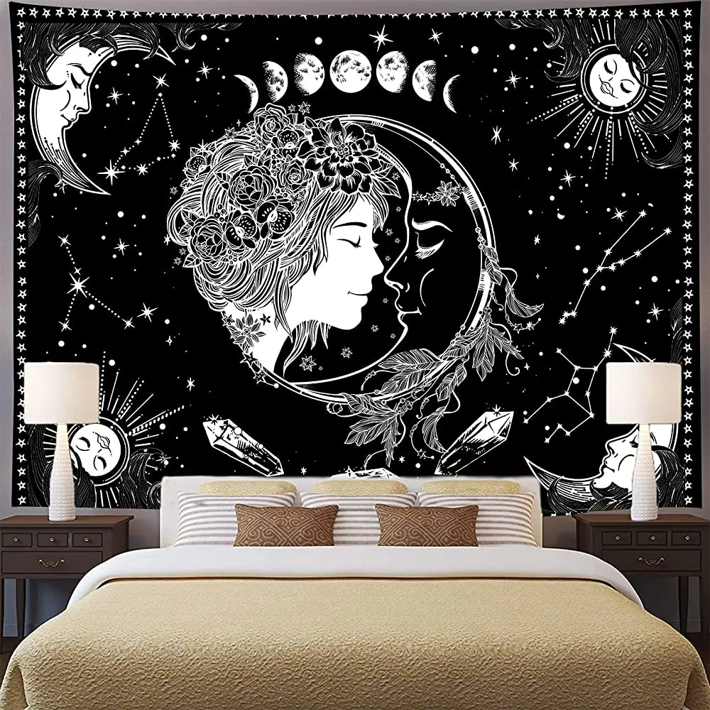 

Aidatain богемное солнце и гобелен с Луной черно-белая Мандала солнце богини хиппи Небесный эстетика Искусство Настенная подвеска фланель