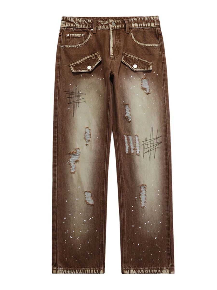 Four Seasons High Street American Retro Washed and Worn High Street Straight Trousers Y2k Men's Jeans Streetwear Ins Hot Sale