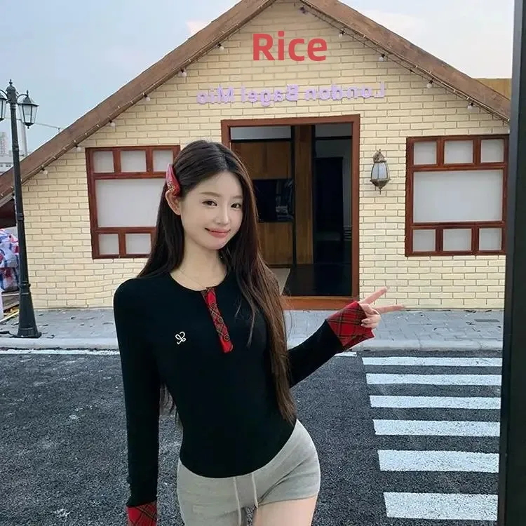 Early Autumn Women's Plaid Knit Top Long Sleeve Inner Slims Smooths Your Silhouette Base Layer T-Shirt Trendy Casual