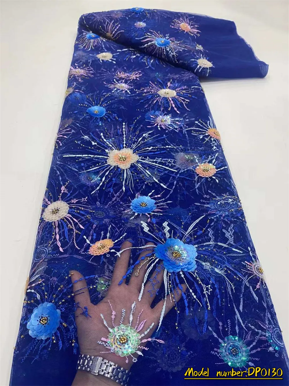 

African 3D Lace Fabric 5 Yards 2022 High Quality With Beads Embroidered French Nigerian Sequins Lace Fabric For Wedding DP0130