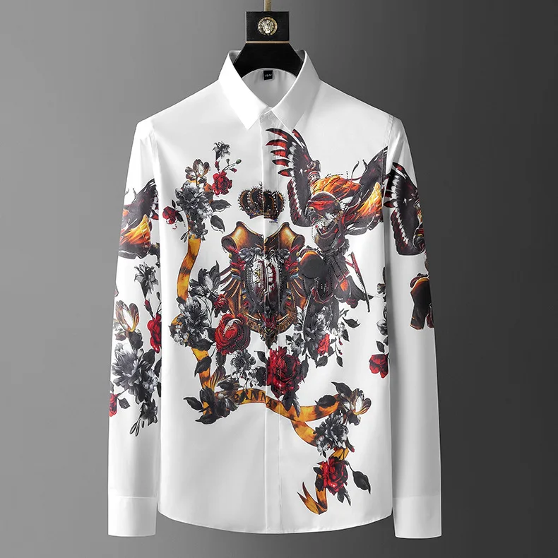 

New 2022 Men luxurious Diamond Rhinestones Rose crown horse Fashion Cotton Casual Shirts Shirt high Pocket Long-sleeves 5XL #T23