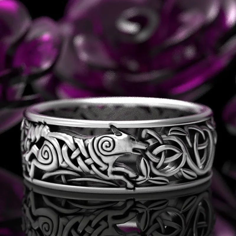 

Huitan Viking Nordic Mythology Giant Wolf Men Ring Defense Totem Wolf Fashion Hip Hop Rock Unisex Finger Ring Punk Gift 8mm