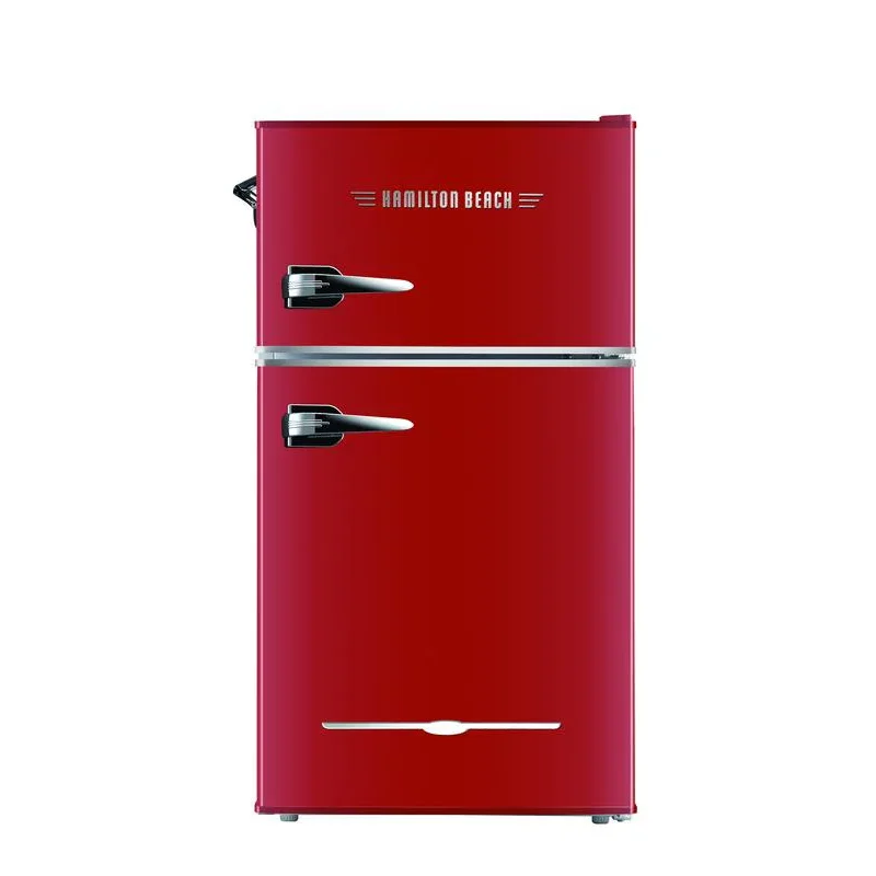 

Hamilton Beach 3.1 Cu Ft 2 Door Retro Bar Refrigerator With Side Bottle Opener sleek Retro Design, Glass Shelf, Red, HBF3220