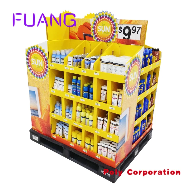 Retail corrugated floor shelf pallet trade show display stand store product shower beauty sun cream skincare display for mall