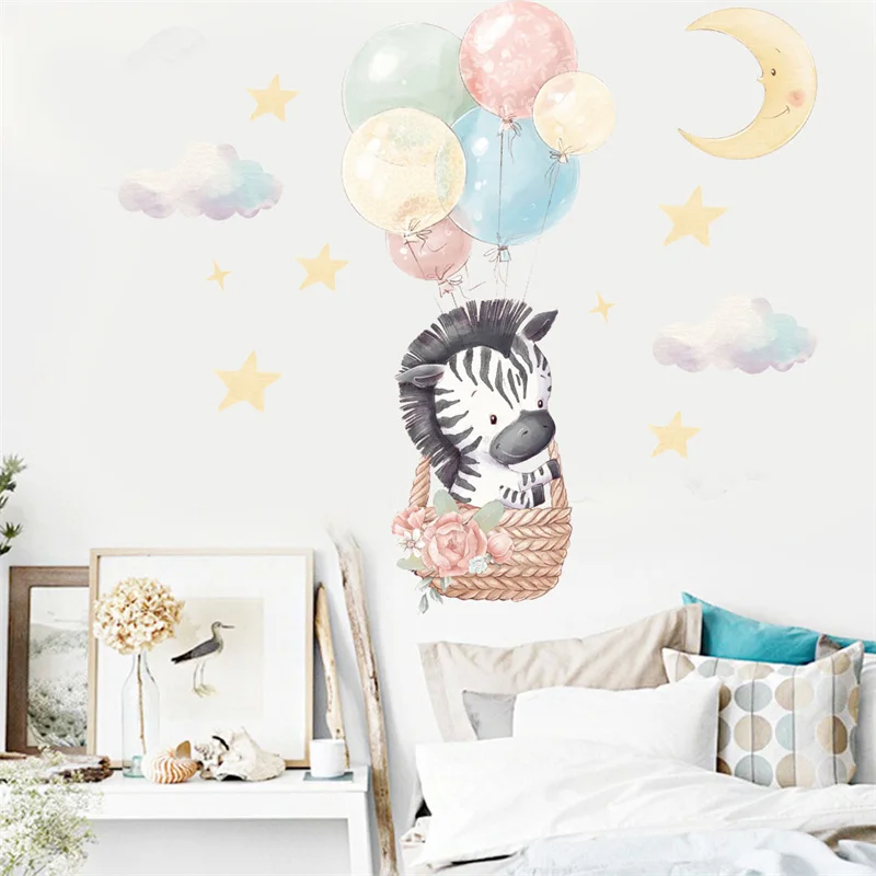 Cartoon Zebra Balloon Moon Clouds Star Wall Stickers for Children Kids Rooms Girls Boys Baby Room Bedroom Decoration