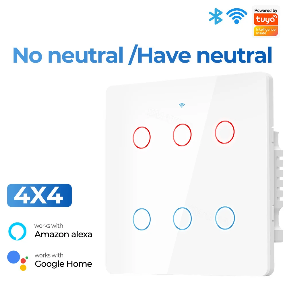 

Tuya WiFi Smart Touch Switch 4/6 Wall Single Zero Fire Universal Smart Home Brazil Standard Remote Control via Alexa Google Home