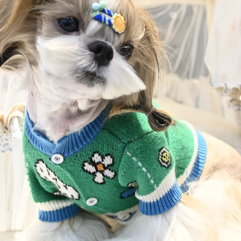 

Зимняя одежда для собак, зеленый вязаный свитер с принтом, удобный и мягкий свитер для домашних животных, кошек, щенков, Бишон, Shih Tzu, теплый с...
