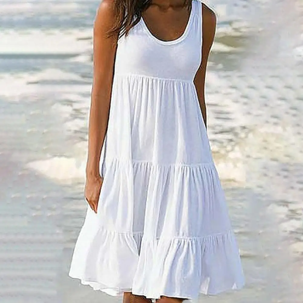 

Женское однотонное пляжное платье с оборками без рукавов, свободное летнее платье-миди с круглым вырезом, открытыми плечами и широким подолом